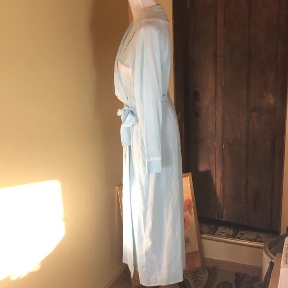 VTG02 EILEEN WEST size Small Cotton Robe LaceTrim Eyelet Stripe Shawl Collar NEW - Picture 6 of 16